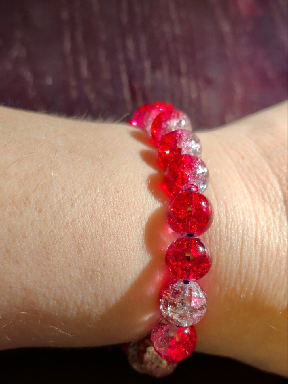 Red and Clear Crackle Bead Stretch Bracelet Women Jewelry Fits 7. New
